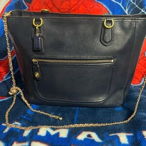 Coach Navy Leather Shoulder Bag with Gold Accents